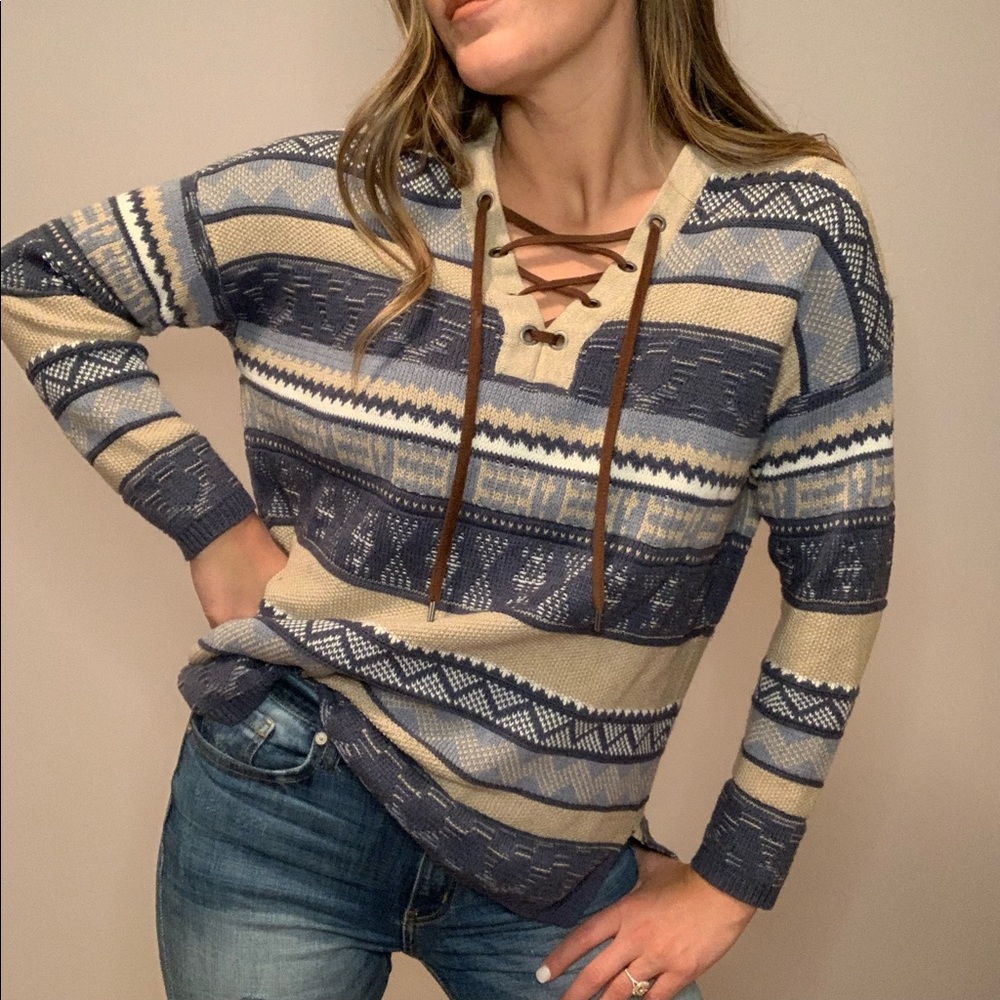 Western style, leather lace-up V neck sweater